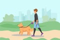 Healthy family poster. Man walking in city park with dog. Puppy with owner outdoor together, activities with four legged