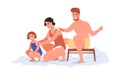 Healthy family rubbing bodies with snow, ice in cold winter. Happy mother, father, child hardening immunity together