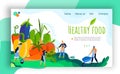 Healthy farm food vector illustration banner, website interface creative design with tiny people farmers watering fresh