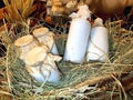 Healthy farm products. Aluminum cans and glass bottles with fresh natural milk on the hay in the hayloft of a dairy farm Royalty Free Stock Photo