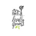Healthy farm vector illustration. Locally Grown hand lettering. Eco, organic food logo. Tag for products packaging.