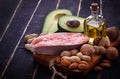 Healthy fat salmon, avocado, oil, nuts Royalty Free Stock Photo