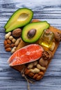 Healthy fat salmon, avocado, oil, nuts Royalty Free Stock Photo