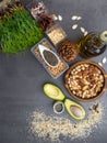 Healthy fat sources and healthy food that is useful for heart - avocado, seeds, microgreens, nuts, beans, oatmeal ang oils. Diet