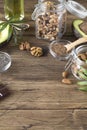 Healthy fats sources flax nuts oil avocado chia seeds bitter chocolate . Concept of healthy food Royalty Free Stock Photo