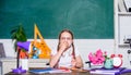 Healthy feed. small girl ready to eat apple. Smart child concept. back to school. Einstein. digital age with modern Royalty Free Stock Photo