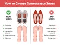 Healthy feet shoes. Narrow and wide footwear, deformed foot, orthopedic medical infographic poster, sneakers and high