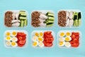 Healthy fitness food for the whole day. Multiple portions in containers