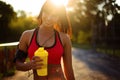 Healthy fitness girl with protein shake. Royalty Free Stock Photo