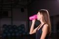 Healthy fitness girl with protein shake. sport and work out girl in gym Royalty Free Stock Photo