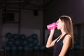 Healthy fitness girl with protein shake. sport and work out girl in gym Royalty Free Stock Photo
