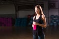 Healthy fitness girl with protein shake. sport and work out girl in gym Royalty Free Stock Photo