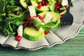 Healthy fitness salad with arugula, avocado, feta . Vegetarian nutritious salad. Keto diet. Keto lunch idea recipe Royalty Free Stock Photo