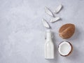 Healthy flat lay concept. Vegan milk bottle and coconut slices on gray background. Top view and copy space