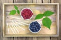 Fresh ripe blueberries and raspberries in two bowls. Royalty Free Stock Photo