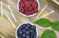 Fresh ripe blueberries and raspberries in two bowls. Royalty Free Stock Photo