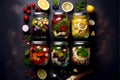 Healthy food background. Assortment of vegetable salads in mason jars on dark background