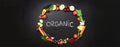 Healthy food background. Circle of fresh vegetables, fruits, nuts, berries with handwritten phrase Organic on black Royalty Free Stock Photo