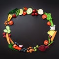 Healthy food background. Circle of organic vegetables, fruits, nuts, berries with copy space on black chalkboard. Square Royalty Free Stock Photo