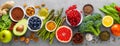 Healthy food background with fresh salmon fish, vegetables, berries and nuts. Top view. Banner Royalty Free Stock Photo