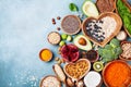 Healthy food background from fruits, vegetables, cereal, nuts and superfood. Dietary and balanced vegetarian eating products Royalty Free Stock Photo