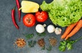 Healthy food background. Healthy food concept with fresh vegetables and ingredients for cooking. Top view with copy space. Royalty Free Stock Photo