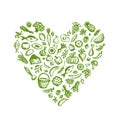 Healthy food background, heart shape sketch for Royalty Free Stock Photo