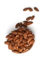 Healthy food for background image close up almond nuts. Texture on white grey table top view. Nuts on the cup plate