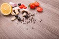 Healthy food background / studio photo of different fruits and vegetables on wooden table. Royalty Free Stock Photo