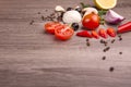 Healthy food background / studio photo of different fruits and vegetables on wooden table. Royalty Free Stock Photo