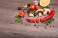 Healthy food background / studio photo of different fruits and vegetables on wooden table. Royalty Free Stock Photo