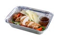 Healthy food background. Take away of natural organic meals in foil boxes