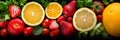Healthy food backgrounds, five images of lemons, blueberries, raspberries, salad and oranges panoramic Royalty Free Stock Photo
