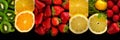 Healthy food backgrounds, five images of lemons, blueberries, raspberries, salad and oranges panoramic