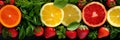 Healthy food backgrounds, five images of lemons, blueberries, raspberries, salad and oranges panoramic