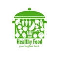 Healthy food badge. Pan with vegetables