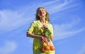 Healthy food. bag with groceries. Reusable eco bag for shopping. Woman holding string shopping bag with fruits and bread Royalty Free Stock Photo