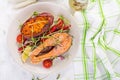 Healthy food: baked salmon and sweet potato and vegetables Royalty Free Stock Photo