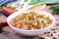 Healthy food. Barley porridge with meat and vegetables. Royalty Free Stock Photo