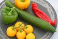 Healthy food bell pepper, sweet pepper yellow tomatoes and cucumber Royalty Free Stock Photo