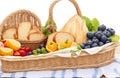 Healthy food and bread in basket with fresh fruiton white background Royalty Free Stock Photo