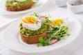 Avocado egg sandwich with whole grain bread on white wooden background. Royalty Free Stock Photo