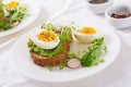 Avocado egg sandwich with whole grain bread on white wooden background. Royalty Free Stock Photo