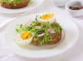 Avocado egg sandwich with whole grain bread on white wooden background Royalty Free Stock Photo