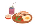Healthy food for breakfast or lunch. Toasts with salmon slices, fried egg, fresh vegetables on wooden board, apple and