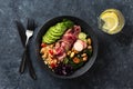 Healthy food buddha bowl with beef steak, beans, couscous, avocado vegetables