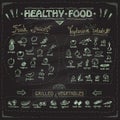 Healthy food chalkboard menu with hand drawn assorted fruits and vegetables. Royalty Free Stock Photo