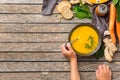 Seasonal spicy fall autumn creamy pumpkin and carrot soup Royalty Free Stock Photo