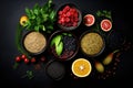 Healthy food clean eating selection: berries, fruits, superfoods, herbs and spices. Bowls of healthy food on Black background. Royalty Free Stock Photo