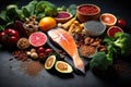 Healthy food clean eating selection: fish, fruit, vegetable, legumes, superfoods on dark background, Healthy food clean eating
